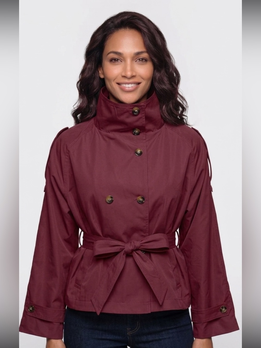 Funnel Neck Women's Burgundy Belted Trench Jacket Large NEW